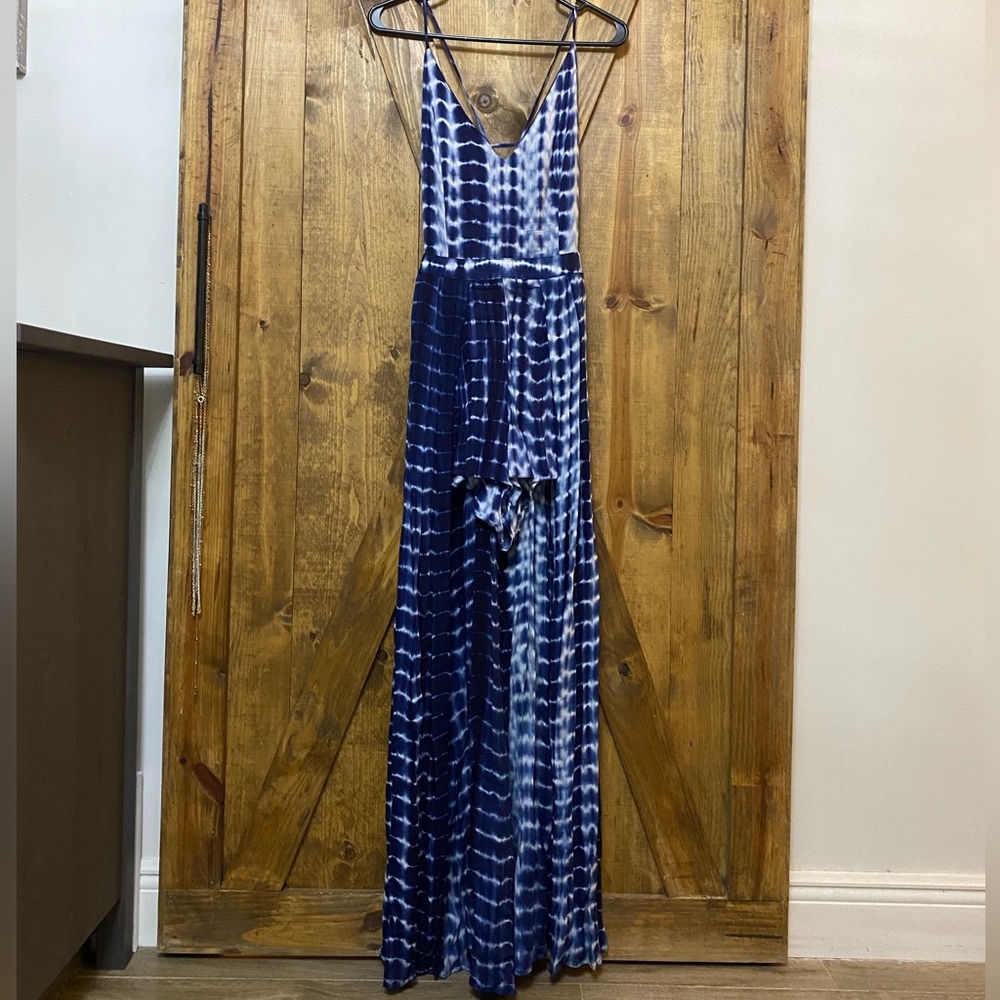 Blue and white shorts romper with maxi skirt